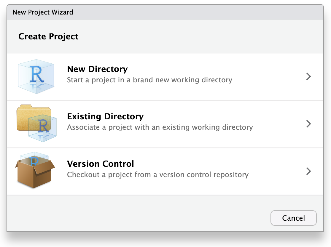 Screenshot of RStudio New Project Wizard menu